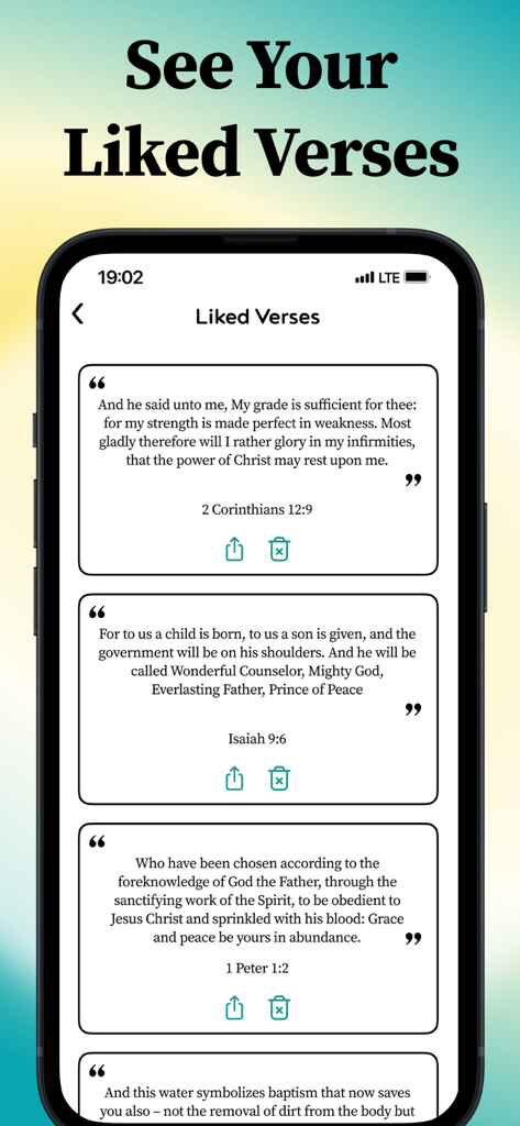 Lockscreen Bible Verse Widget - Smartphone screen displaying a list of saved favorite Bible verses in the Lockscreen Bible Verse Widget app.