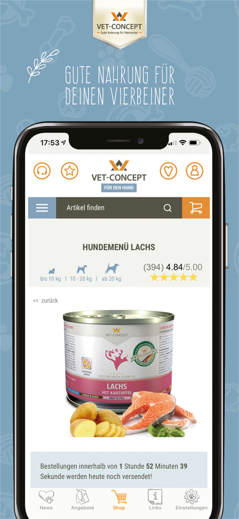 Vet-Concept - Vet-Concept mobile App-Oberfläche, die eine Lachs-Hundefutterproduktseite mit Kundenbewertungen und Versandinformationen zeigt