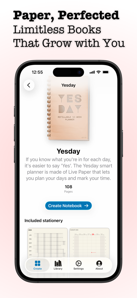 Penbook Pencil Notebook - Screenshot of Penbook app interface showing the Yesday smart planner creation screen on an iPhone