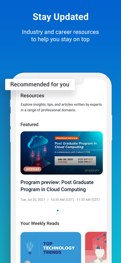 Simplilearn: Online Learning - Pantalla de la aplicación Simplilearn que muestra recursos de carrera y un seminario web sobre programas de computación en la nube