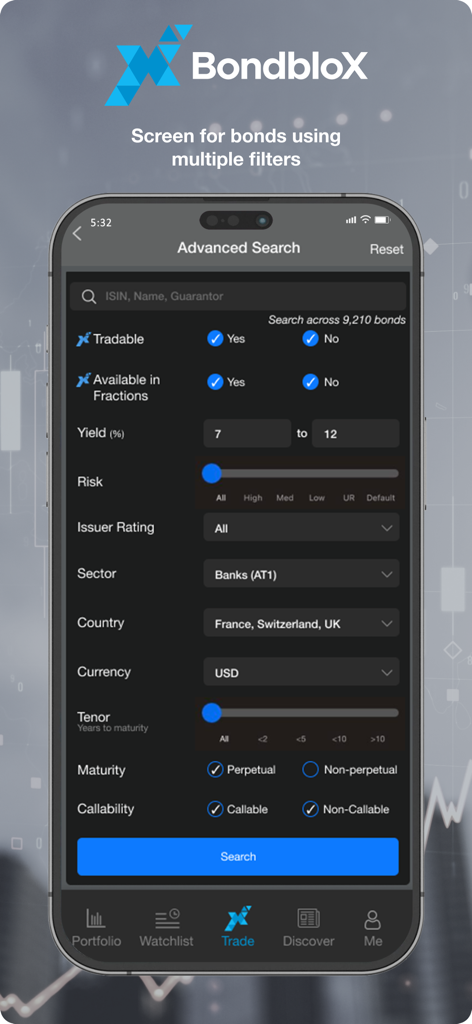 BondbloX advanced bond search screen with multiple filters like yield and risk