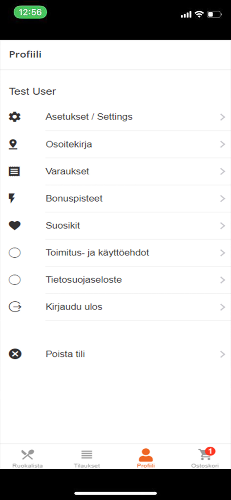 Roni Pizzeria Myllykoski - Roni Pizzeria 모바일 앱의 사용자 프로필 및 설정 화면, 계정 옵션 및 로열티 포인트 표시