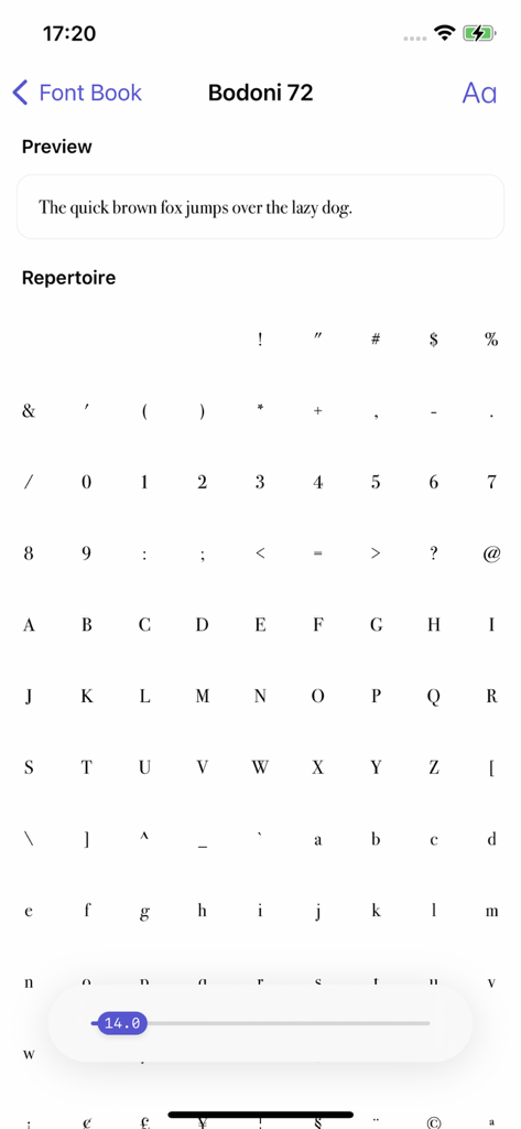 Interface of Font Book app showing the Bodoni 72 font repertoire and custom text preview