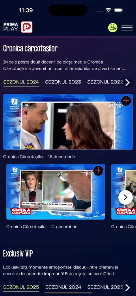 Prima Play - Prima Play app interface showing the Romanian comedy show Cronica Carcotasilor.
