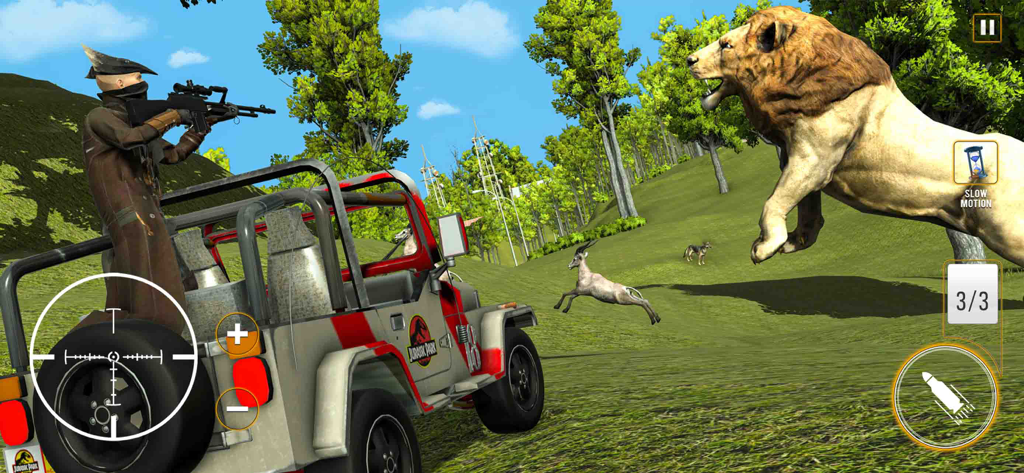 Wild Animal Deer Hunting Game - A sniper aiming at a jumping lion from a 4x4 vehicle in a wild animal hunting simulator