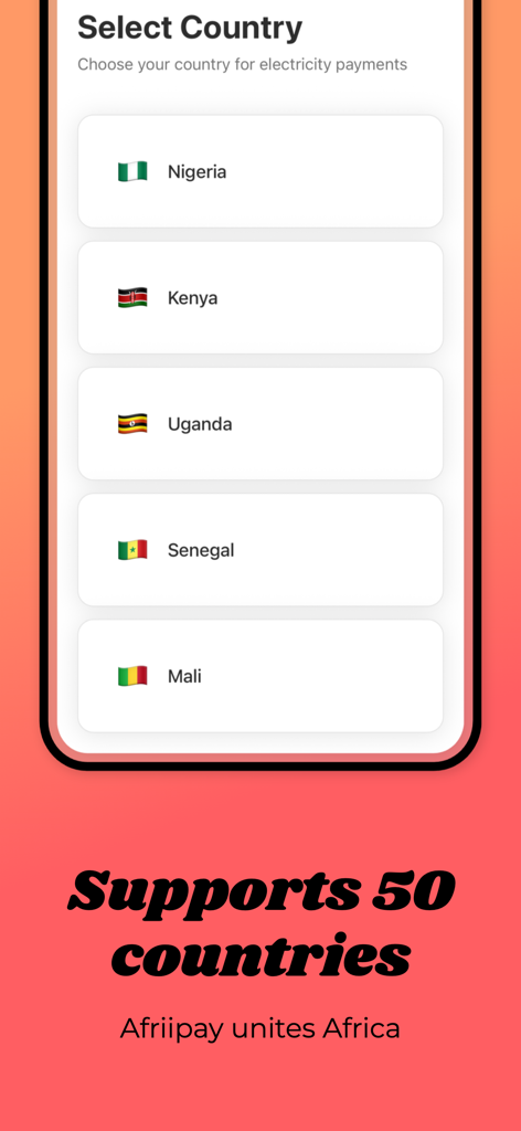 AfriiPay - AfriiPay app screen showing country selection for electricity bill payments in Africa