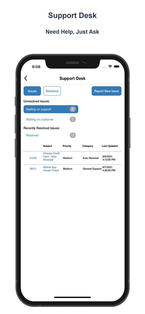 PlanNet Marketing Reps - Screenshot of the PlanNet Marketing Reps app support desk showing issue tracking and ticket status