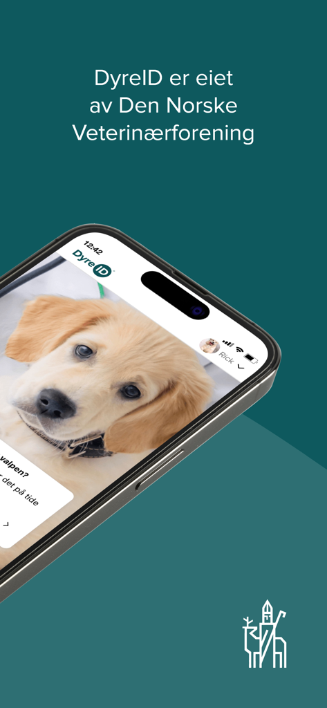 DyreID - Um smartphone mostrando o aplicativo de gerenciamento de pets DyreID com um filhote na tela e texto indicando que é de propriedade da Associação Norueguesa de Veterinária