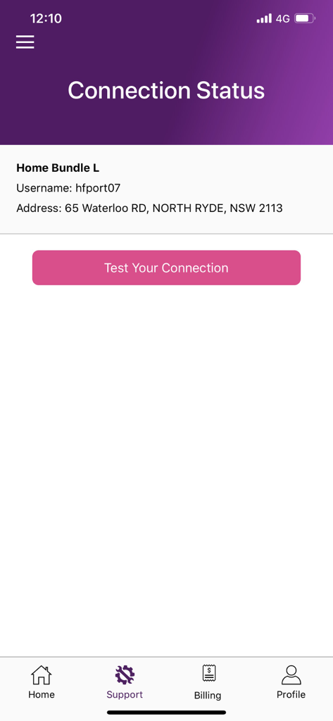 My TPG - My TPG app interface showing the connection status page with a button to test connection