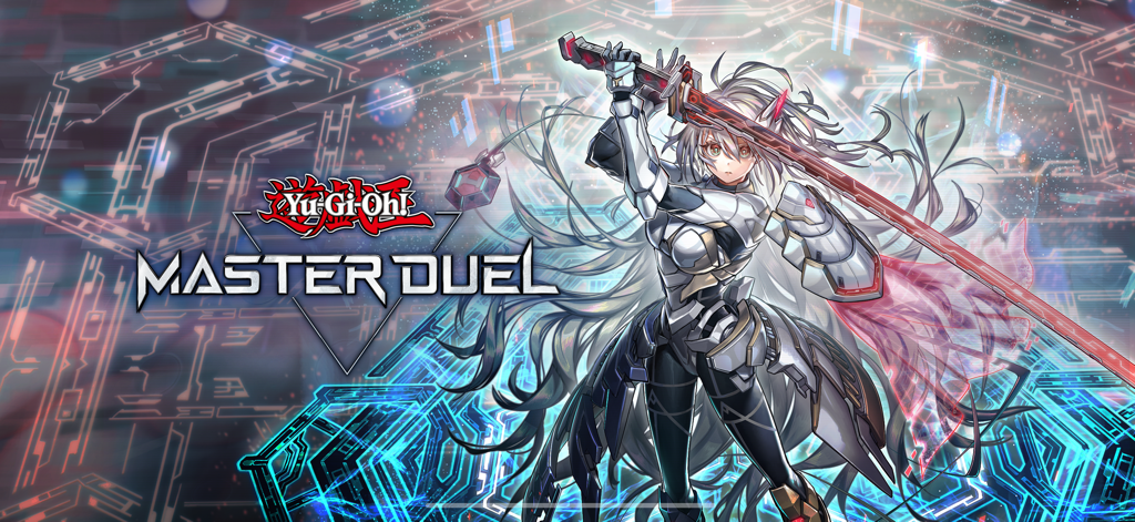 Schermata del titolo di Yu-Gi-Oh Master Duel con un personaggio anime in armatura argentata con una spada rossa luminosa.