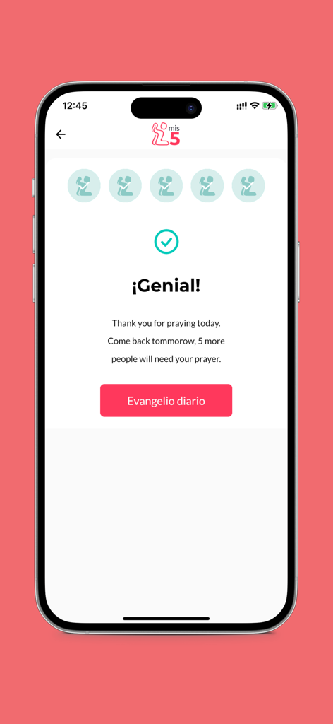 Screen showing five completed daily prayers and a button for daily gospel