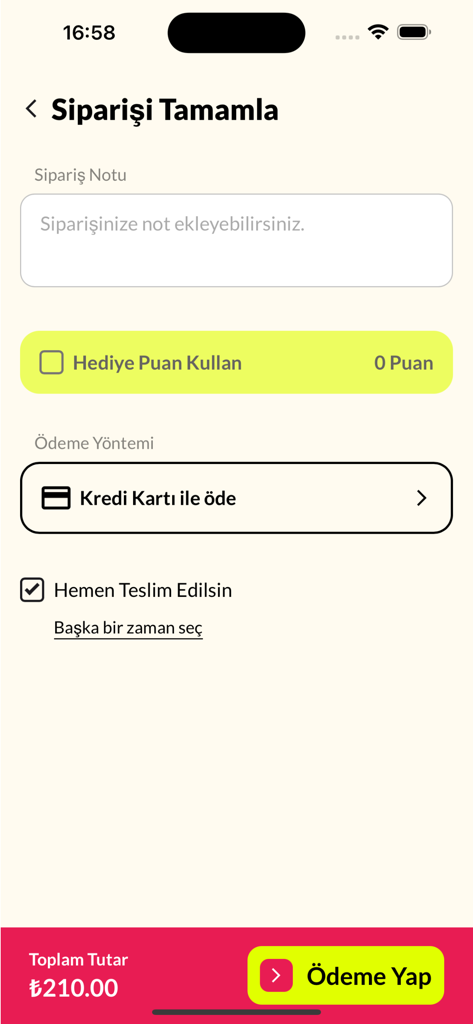 Afife Kruvasan - Interfaz de pago de la aplicación móvil para Afife Kruvasan que muestra opciones de pago y resumen del pedido