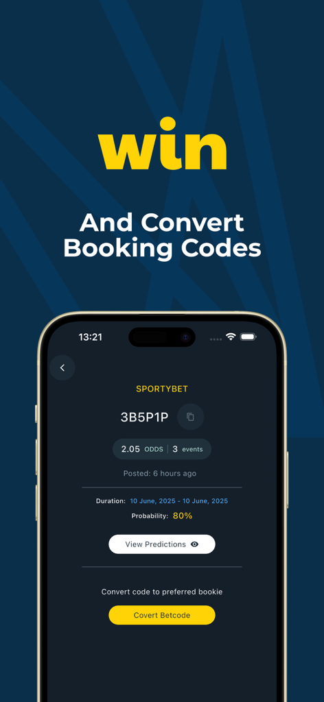 Win 1x2 Betting tips - Mobile App-Oberfläche von Win 1x2 Wett-Tipps, die einen SportyBet-Buchungscode-Konverter und Vorhersagedaten anzeigt.