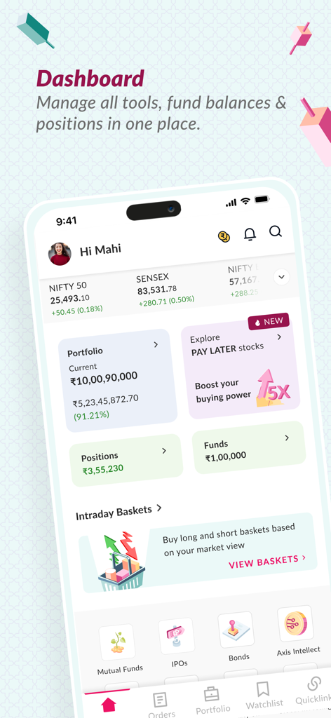 Axis Direct Trader - Axis Direct Trader mobile app dashboard showing user portfolio, stock market indices, and investment options like mutual funds and bonds
