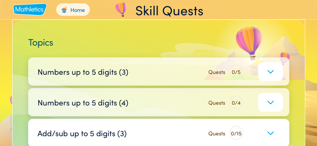 Interface do aplicativo Mathletics Students mostrando missões de habilidades matemáticas e tópicos de aprendizagem