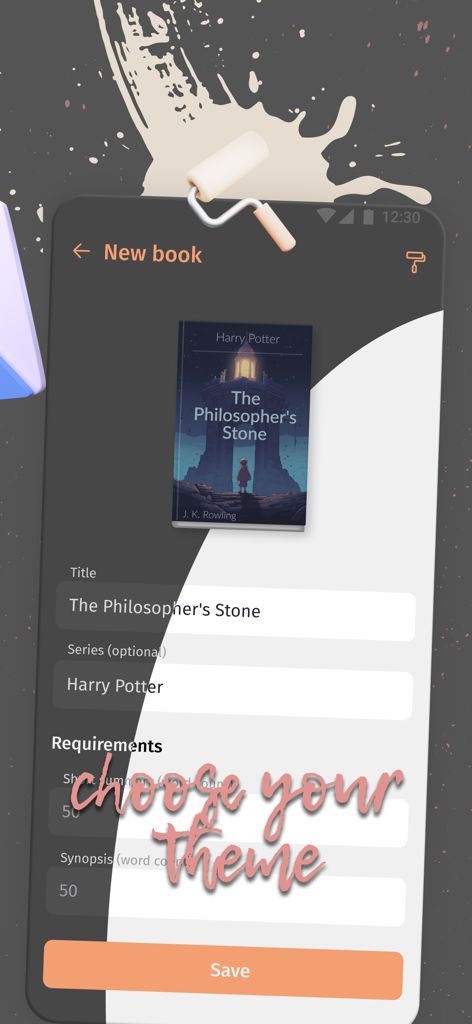 Fabula. Story Planner - Screen for creating a new book in Fabula Story Planner with a choose your theme overlay.