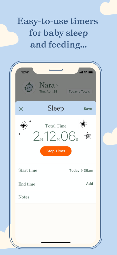 Nara Baby & Pregnancy Tracker - Nara Babyアプリのインターフェース。赤ちゃんの休息時間を記録するための使いやすいスリープタイマーが表示されています。
