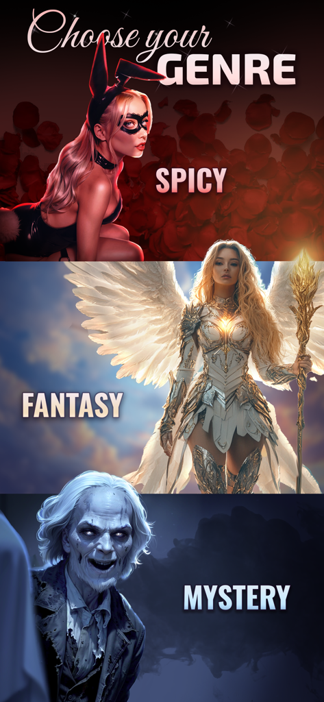 Uno schermo che mostra tre diversi generi di storie nell'app Novelize, tra cui Piccante, Fantasy e Mistero, con rappresentazioni grafiche dei personaggi.