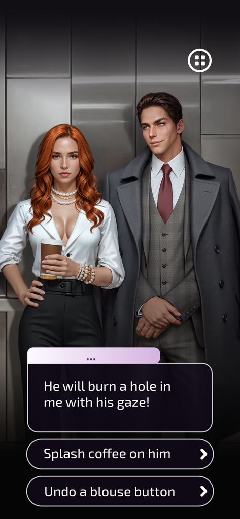 Una scena di visual novel con due personaggi eleganti e scelte di dialogo interattive in Novelize: Visual Choices Club.