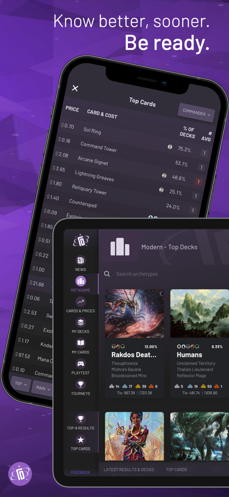 TopDecked MTG - TopDecked MTG app interface showing card prices and top tournament decks on iPhone and iPad