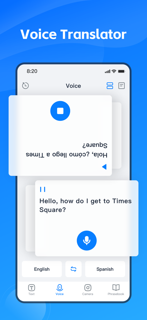 AI Translate Go - Translation - Mobile app interface for real-time voice translation between English and Spanish showing a request for directions