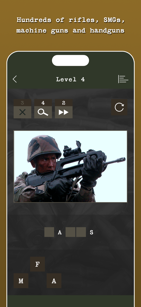 Guess the Modern Firearm - Level 4 of the Guess the Modern Firearm app featuring a soldier with a FAMAS rifle