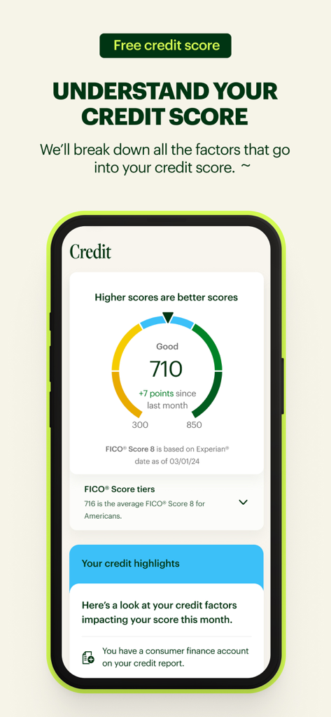 Spruce – Mobile banking - A smartphone display of the Spruce app showing a user FICO credit score tracker with score highlights and factors.