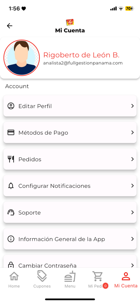 Pantalla Mi Cuenta de la App Pio Pio mostrando el perfil del usuario y las opciones de la cuenta