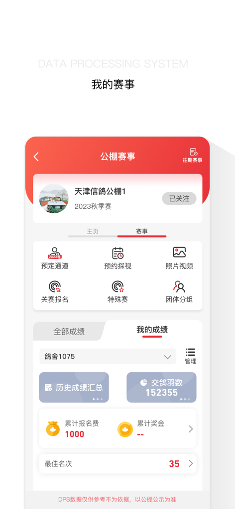 鸽友宝 - A mobile app screen for Geyoubao showing pigeon racing competition management and performance statistics including race results and prize money.