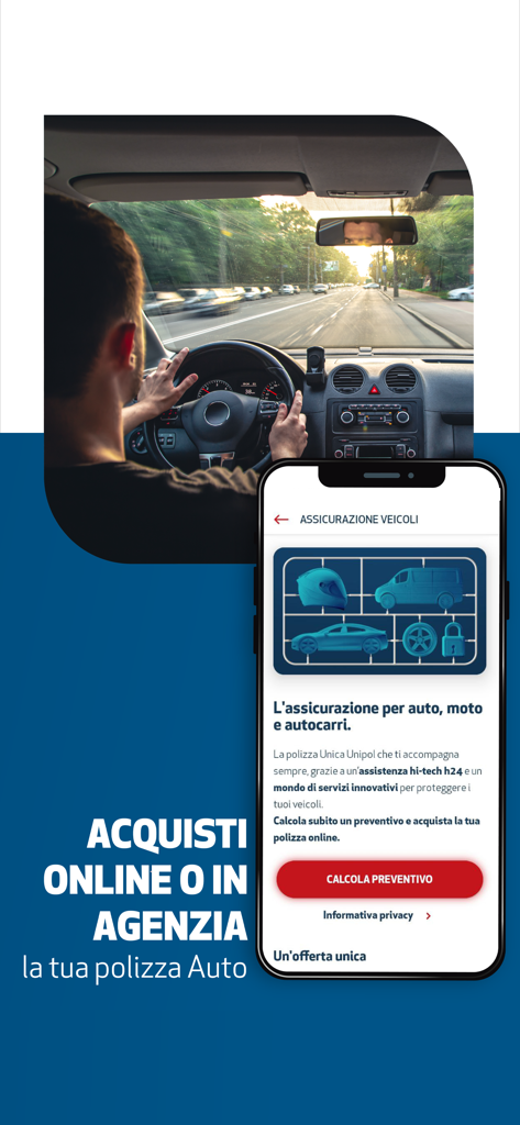 Mobile phone screen showing car insurance options in the Unipol Assicurazioni app