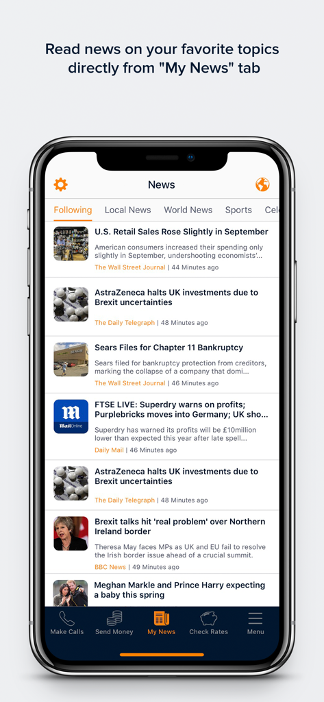 NobelApp Calls and Top Ups - NobelApp mobile interface displaying world news headlines in the My News section