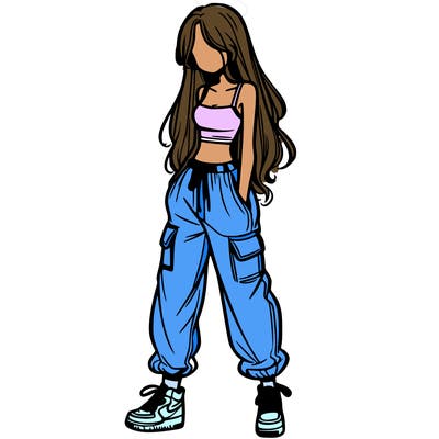 girl in baggy pants crop top and long hair