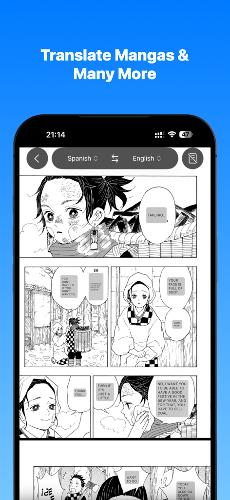 VN Screen Translate - Screenshot of VN Screen Translate app translating a manga comic from Spanish to English on an iPhone
