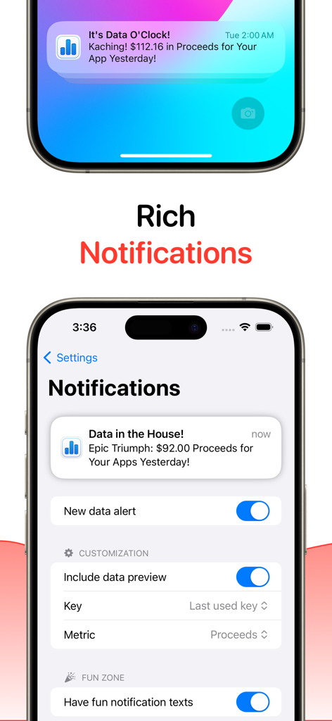 Trendly: App Sales - Trendly App-Benachrichtigungen, die tägliche Verkaufserträge auf einem iPhone-Sperrbildschirm und im Menü für Benachrichtigungseinstellungen anzeigen