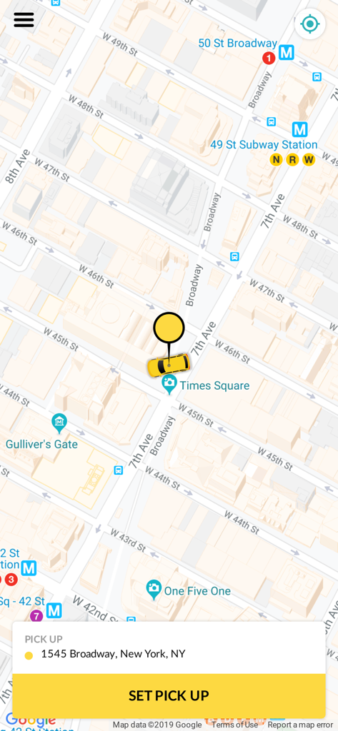TaxiCaller - for passengers - TaxiCaller app map interface for setting a pickup location in New York City