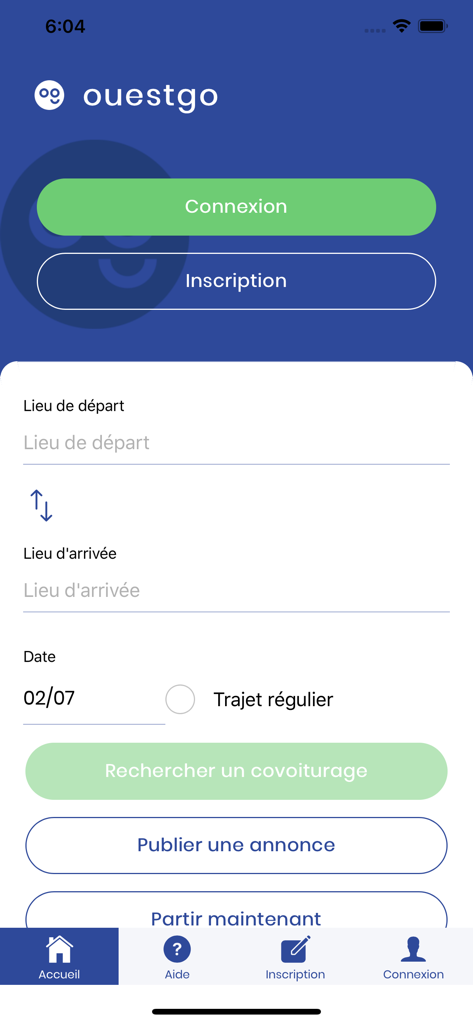 OuestGo - Écran d'accueil de l'application de covoiturage OuestGo montrant la recherche d'itinéraires et les options de publication d'offres de covoiturage