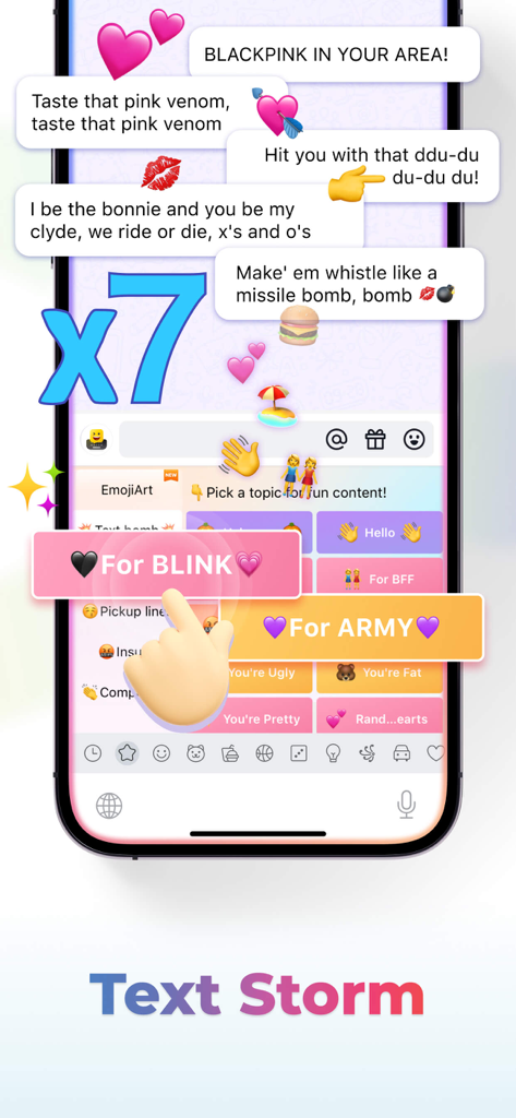 A smartphone screen displaying the Facemoji keyboard Text Storm feature with buttons for K-pop fan groups like BLINK and ARMY.