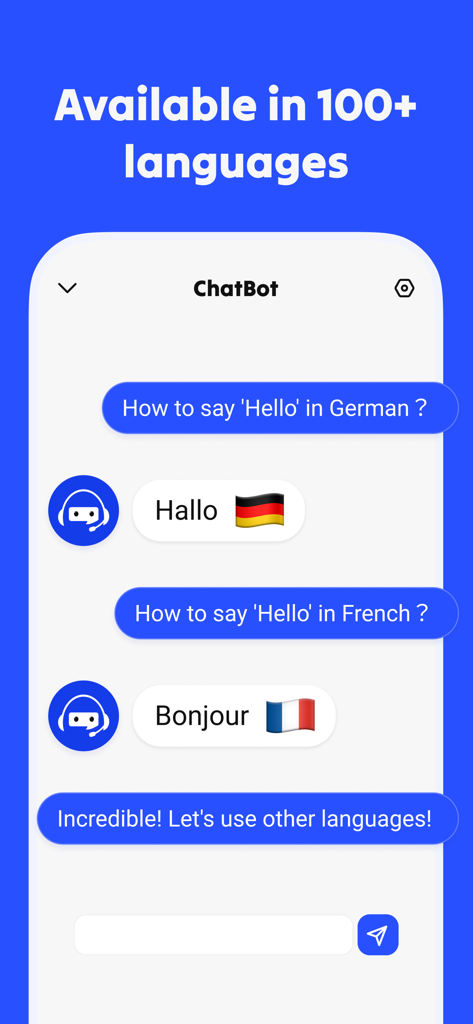 Interfaz de aplicación móvil que muestra un chatbot de IA traduciendo saludos al alemán y francés con un banner que indica soporte para más de 100 idiomas