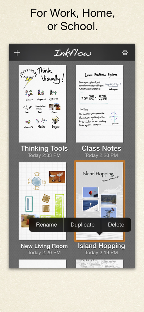Inkflow Plus Visual Notebook - Inkflow Plus app interface displaying a gallery of visual notebooks for work home and school