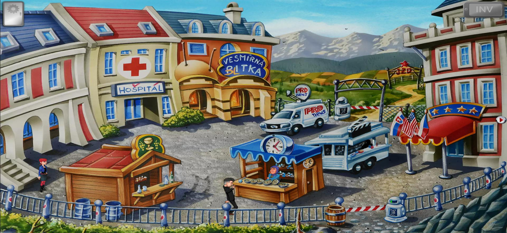 Polda 7 - Hand-drawn town square gameplay scene from Polda 7 adventure game