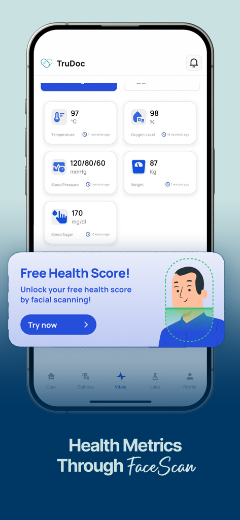 TruDoc app interface displaying vitals and a facial scanning feature for a free health score