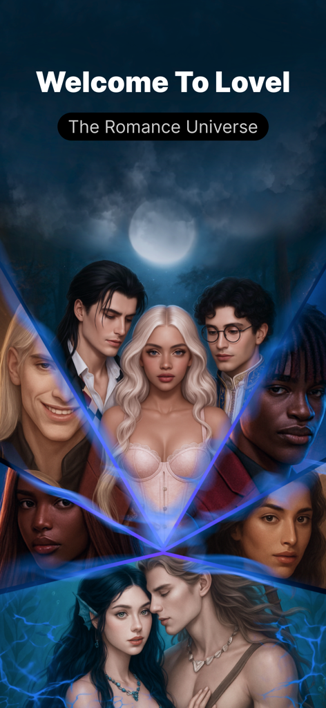 Pantalla de bienvenida de la app Lovel mostrando diversos personajes de varias historias de romance bajo la luna llena