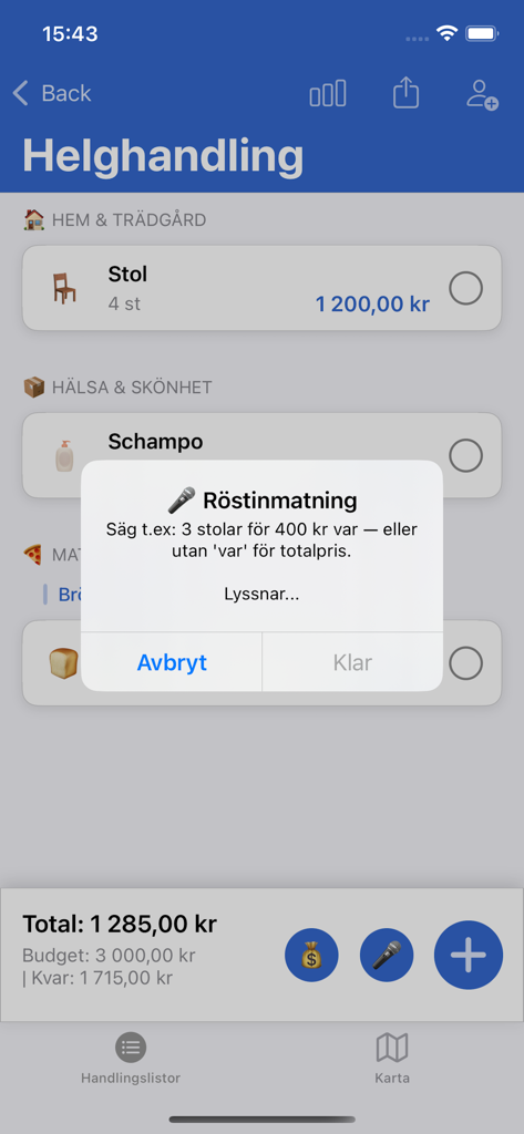 Skandinaviens Största Varuhus - Mobile app interface showing a shopping list with a voice input popup, price tracking, and categorized items.
