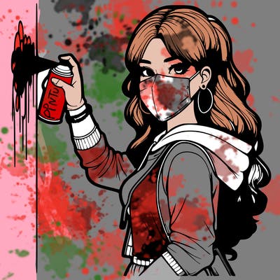 realistic girl with mask spray painting a wall