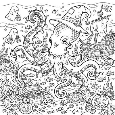 Get ready for an extraordinary Halloween celebration with this captivating sea monster coloring page. An adorable witchy octopus invites you to a festive underwater scene filled with spooky fun and delightful details.