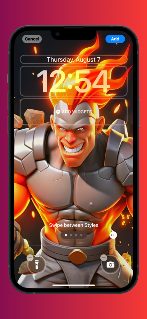 Una vista previa de la pantalla de bloqueo del iPhone que muestra un fondo de pantalla 4K de alta resolución de un personaje de anime musculoso con cabello llameante.