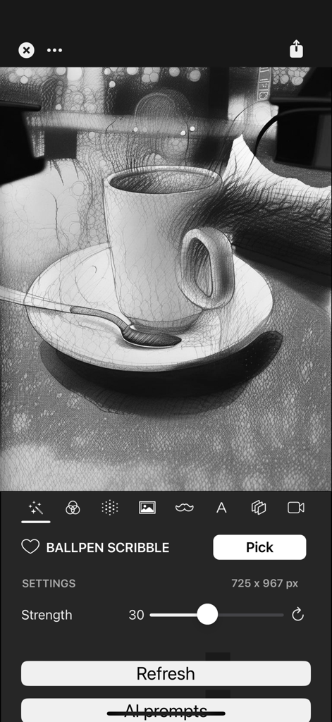 A coffee cup rendered in ballpen scribble style within the Graphite AI app interface