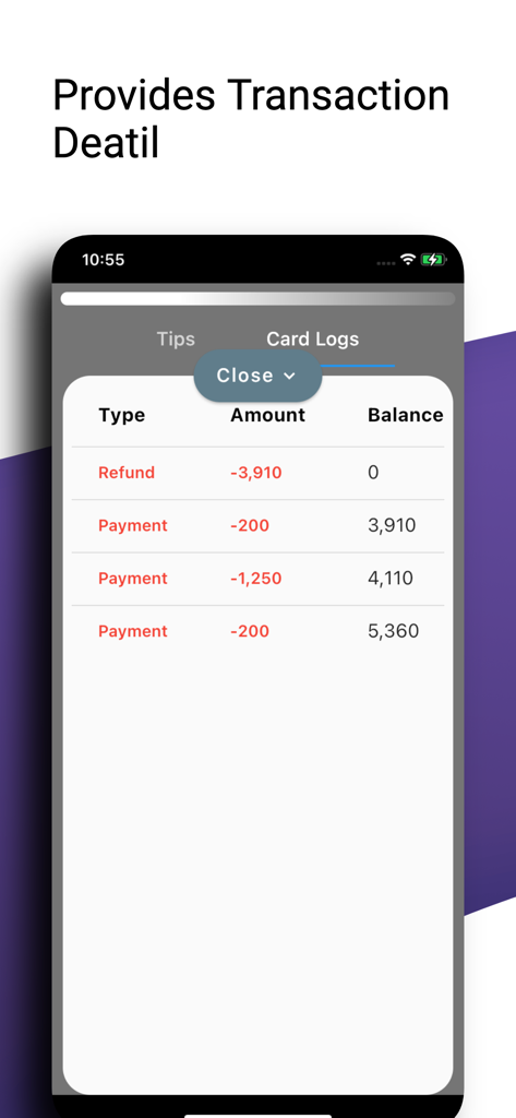 A mobile screen showing the transaction history log for a Korean transit card with payments and remaining balance
