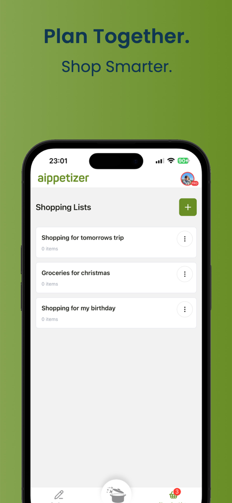 Aippetizer - Cooking Assistant - A mobile app screen of Aippetizer showing multiple organized grocery shopping lists for different events like Christmas and birthdays.