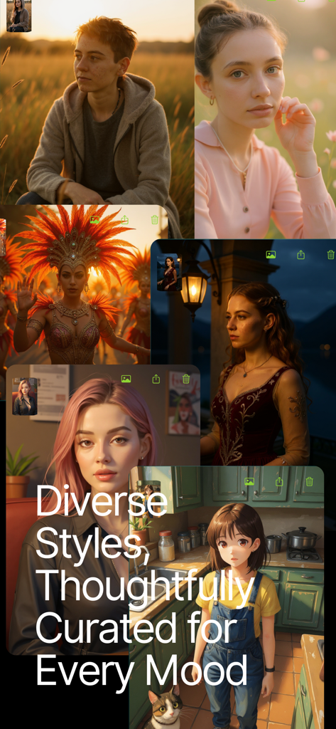 BetterPics Studio Photoshoot - A display of various AI generated photo styles ranging from professional to casual and artistic themes